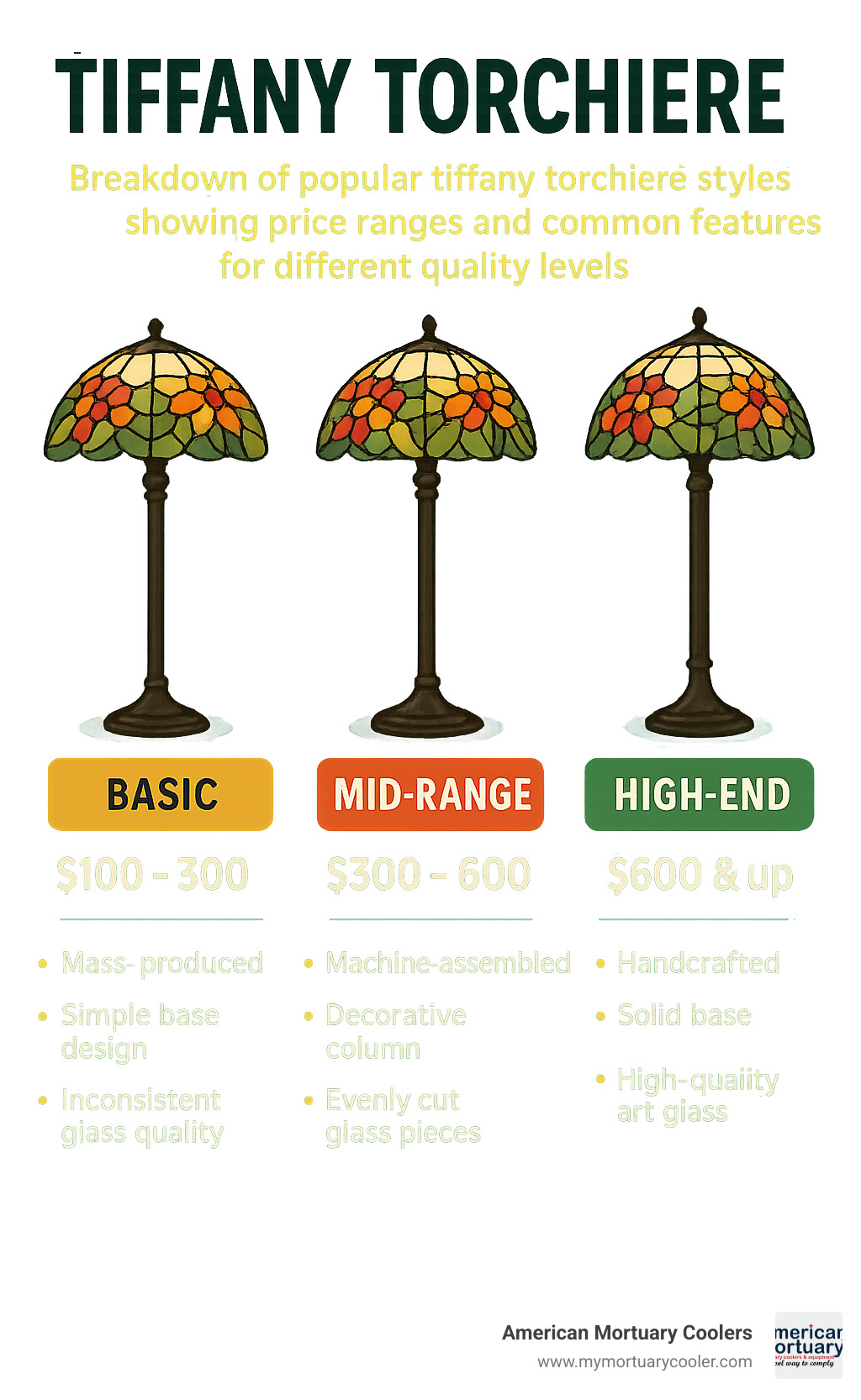 Breakdown of popular tiffany torchiere styles showing price ranges and common features for different quality levels - tiffany torchiere infographic 