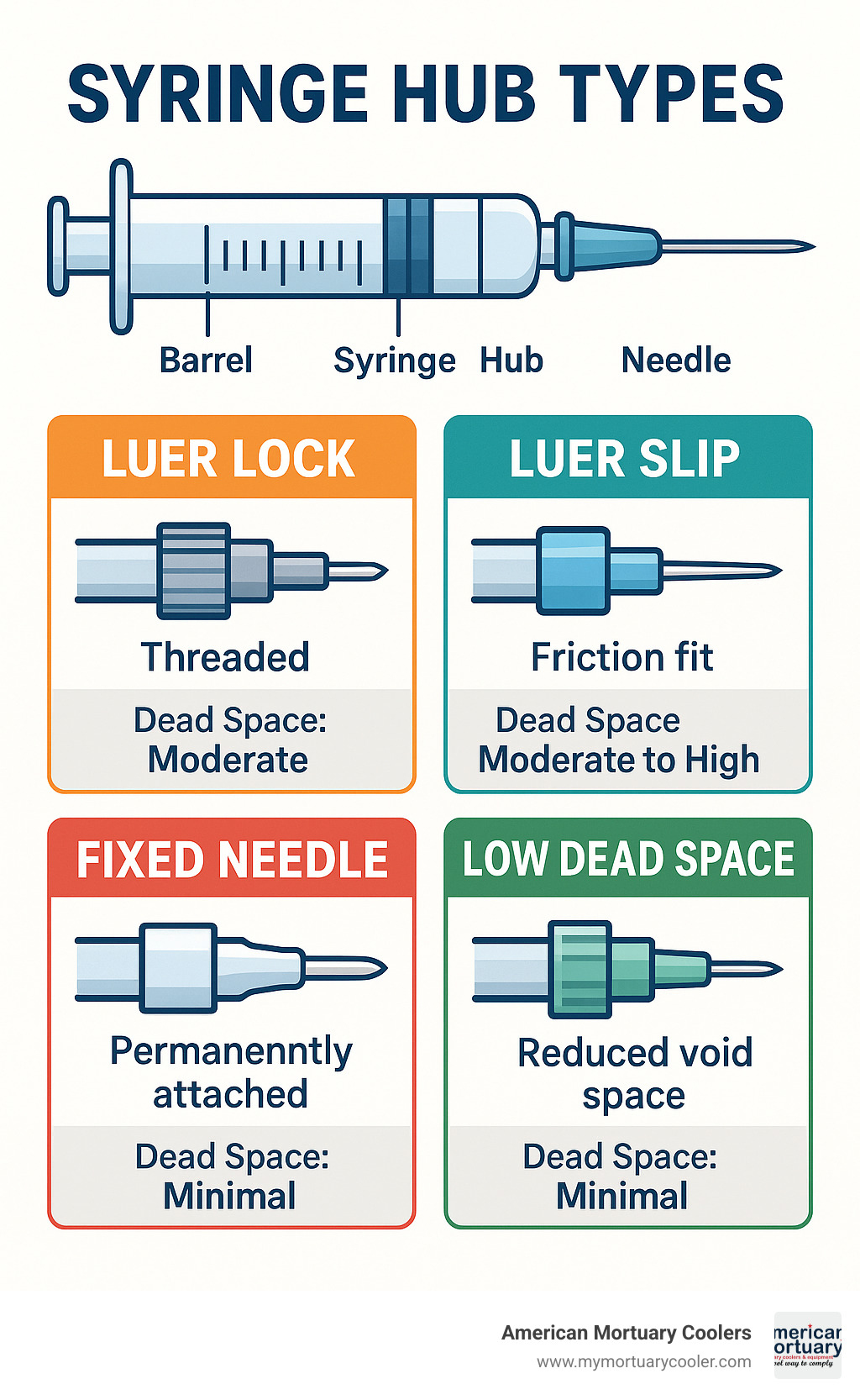 Diagram showing different syringe hub types with labeled parts, connection mechanisms, and dead space comparison - syringe hub infographic 