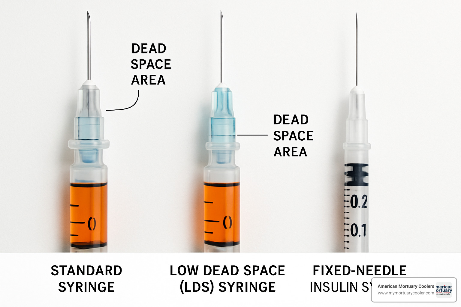 Different syringe hub designs showing dead space variations - syringe hub