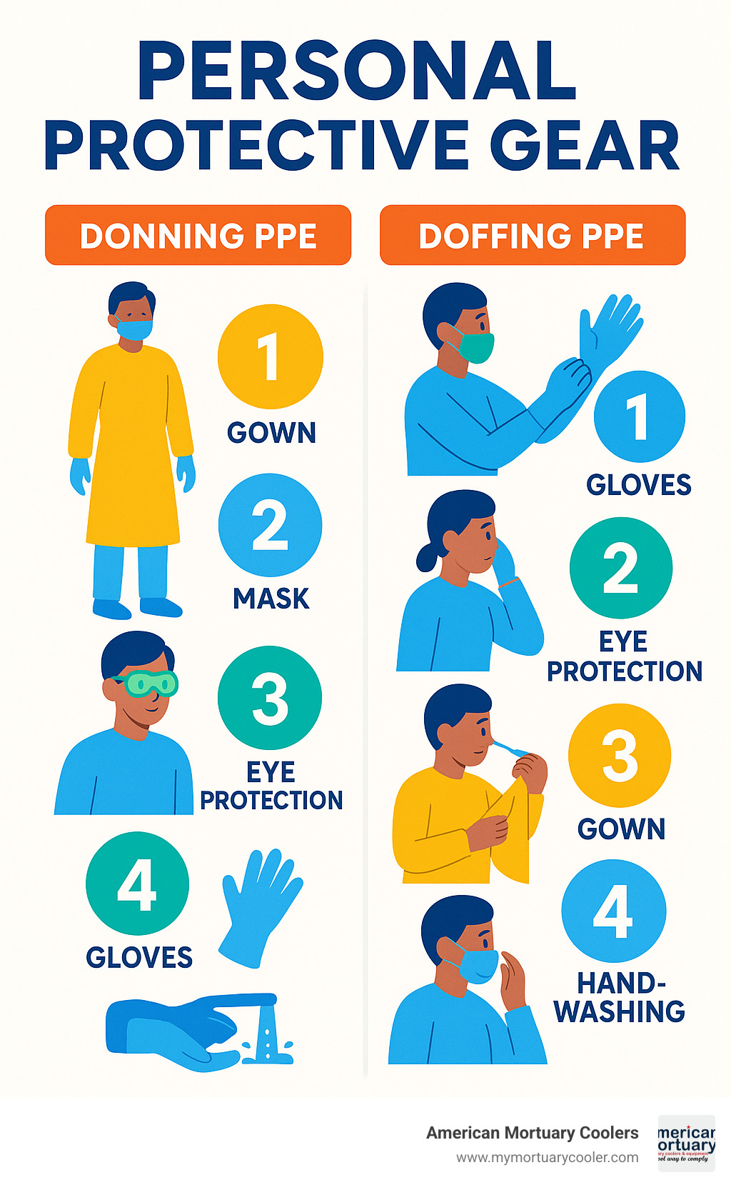 Infographic showing proper sequence for donning PPE (gown, mask, eye protection, gloves) on left side and doffing PPE (gloves, eye protection, gown, mask, handwashing) on right side - personal protective gear infographic 