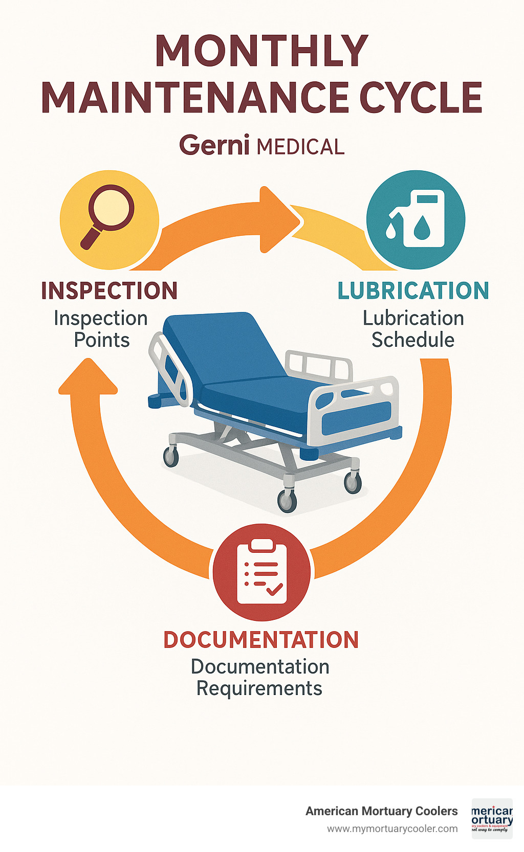 Monthly maintenance cycle diagram showing inspection points, lubrication schedule, and documentation requirements - gerni bed infographic 