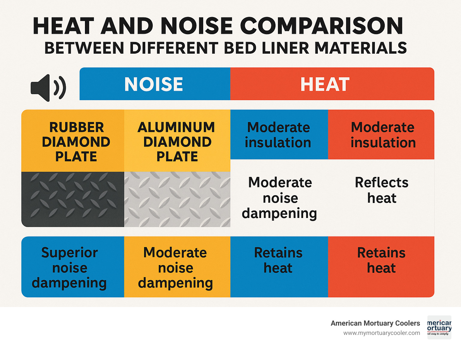 Heat and noise comparison between different bed liner materials - flexible diamond plate to fit bed of 74 ranchero infographic 