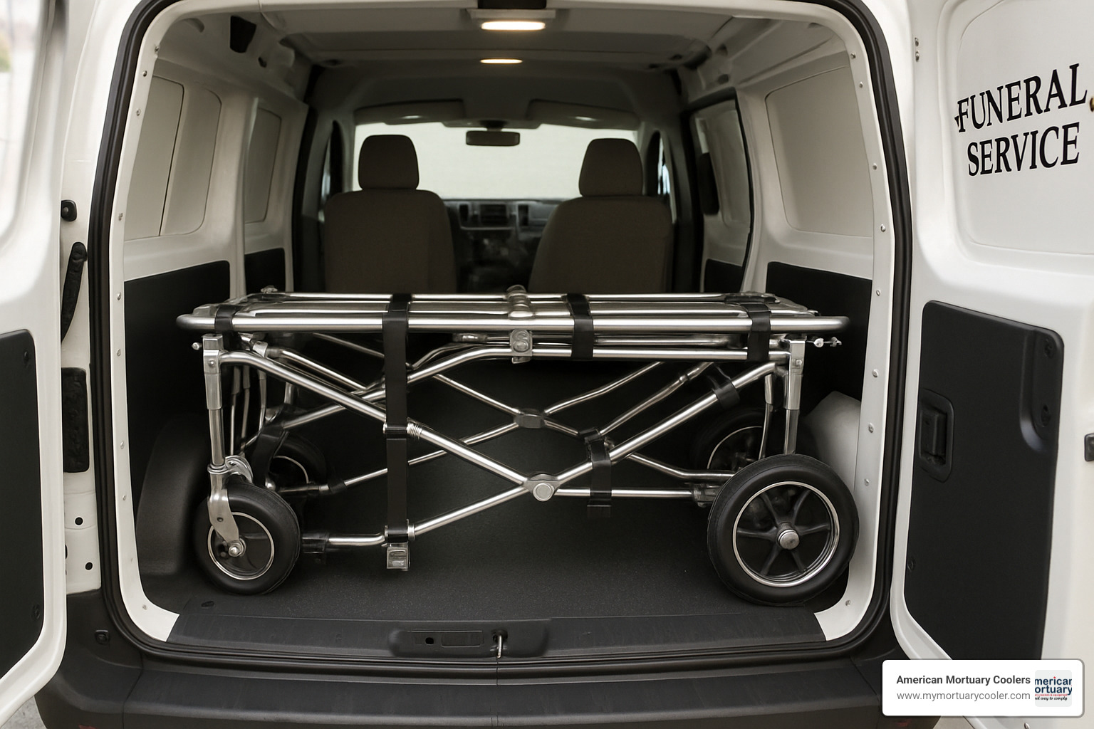 Folded mortuary cot cart properly secured in removal vehicle - cot cart