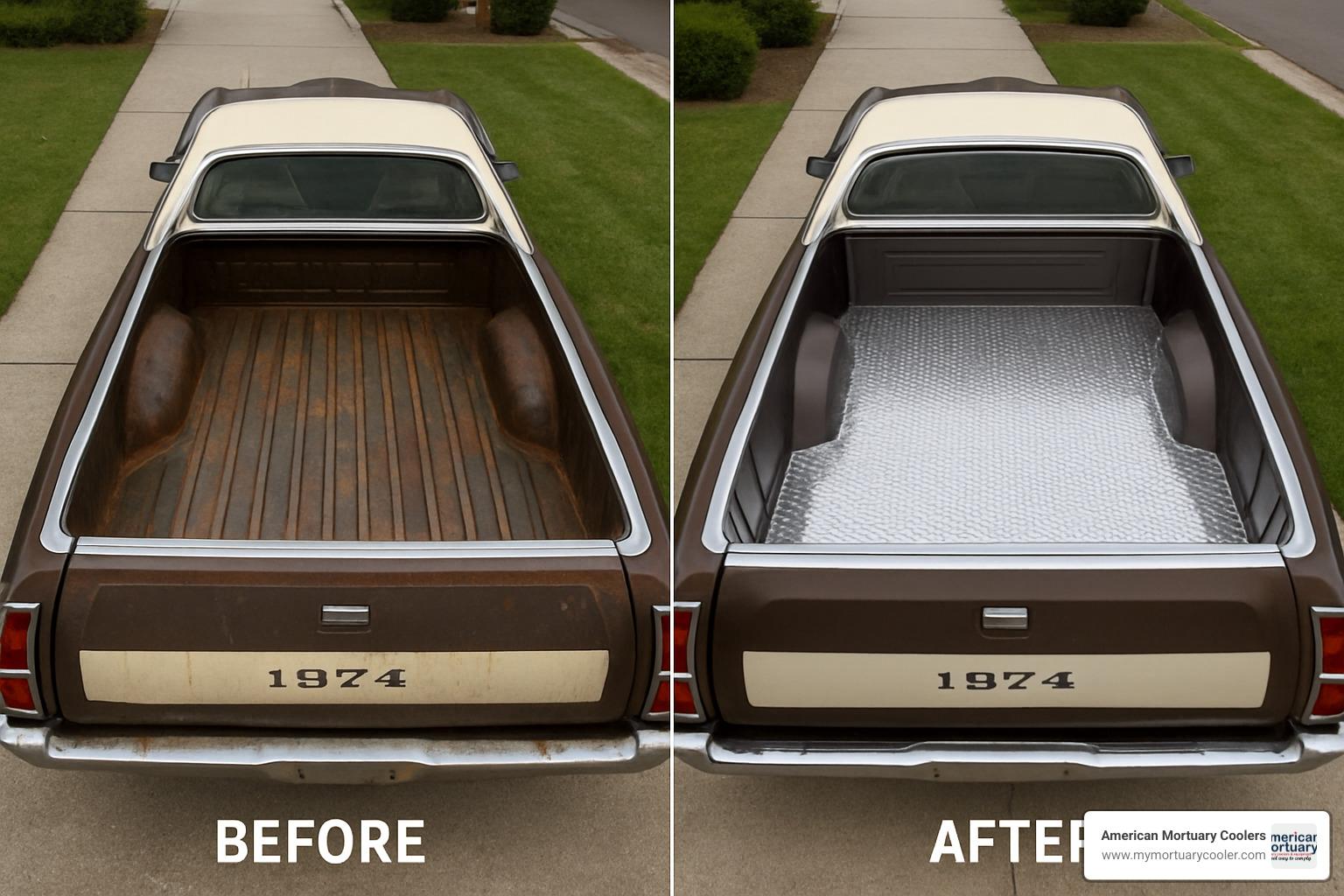 Before and after photos of a 74 Ranchero bed with diamond plate installed - flexible diamond plate to fit bed of 74 ranchero