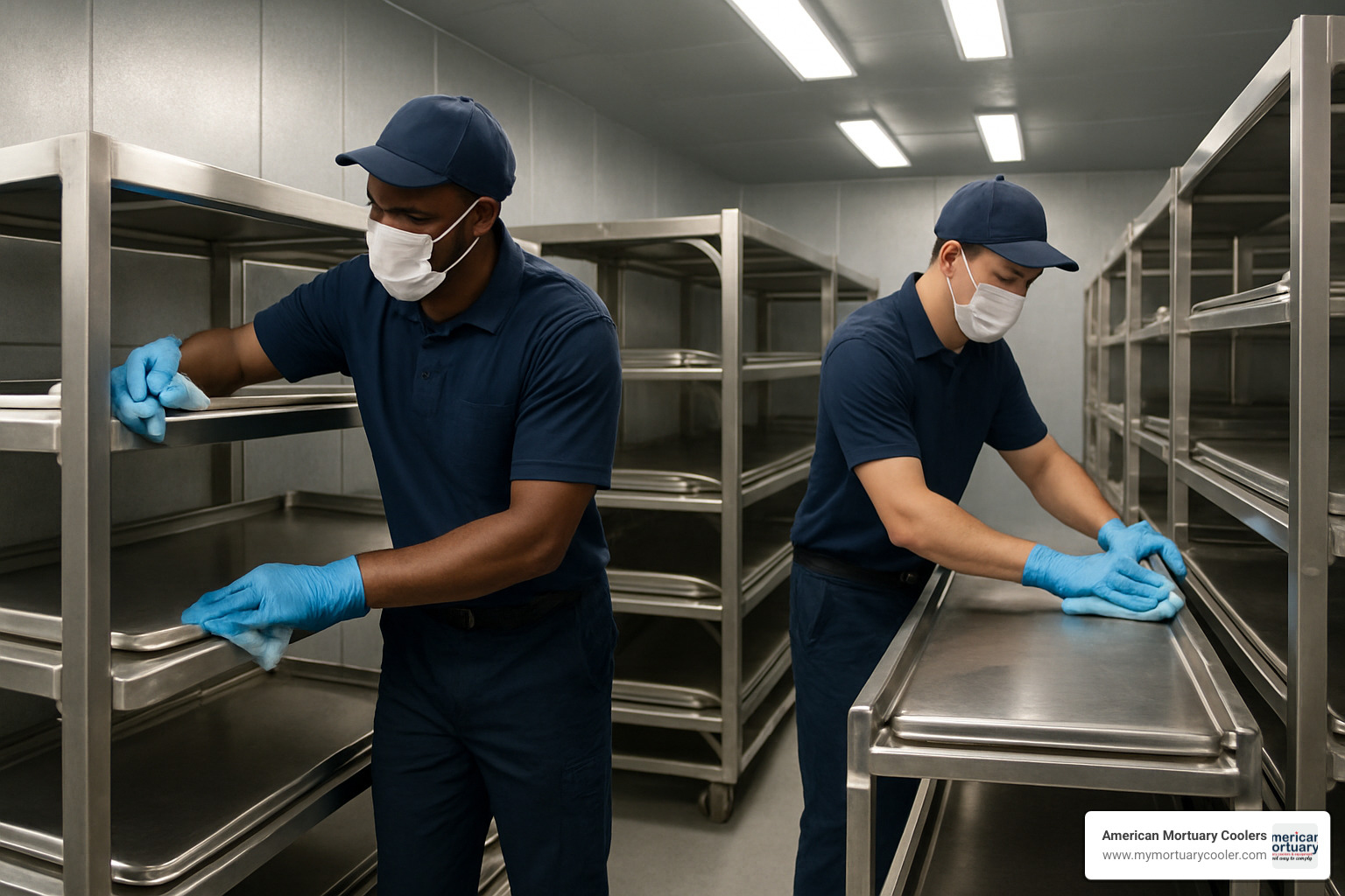 technicians cleaning mortuary racks - 100 Body Mortuary Cooler