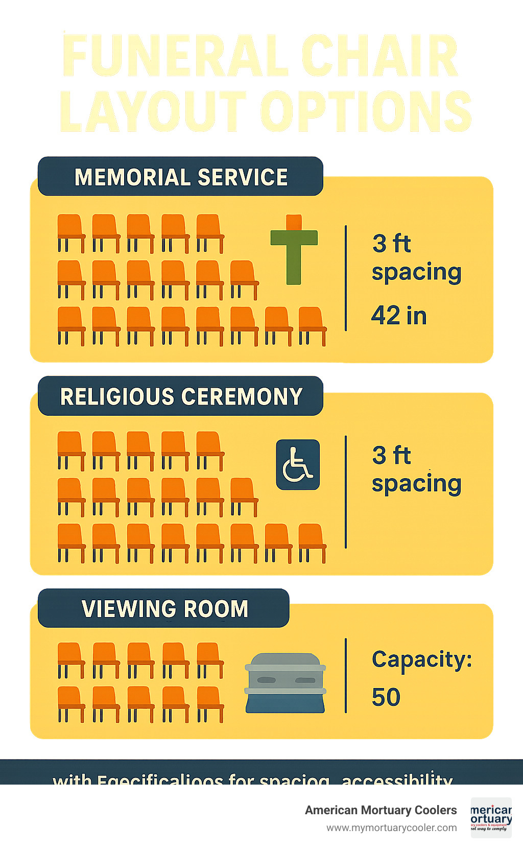 Funeral chair layout options showing different arrangements for memorial services, religious ceremonies, and viewing rooms with specifications for spacing, accessibility requirements, and capacity planning - funeral chairs infographic 