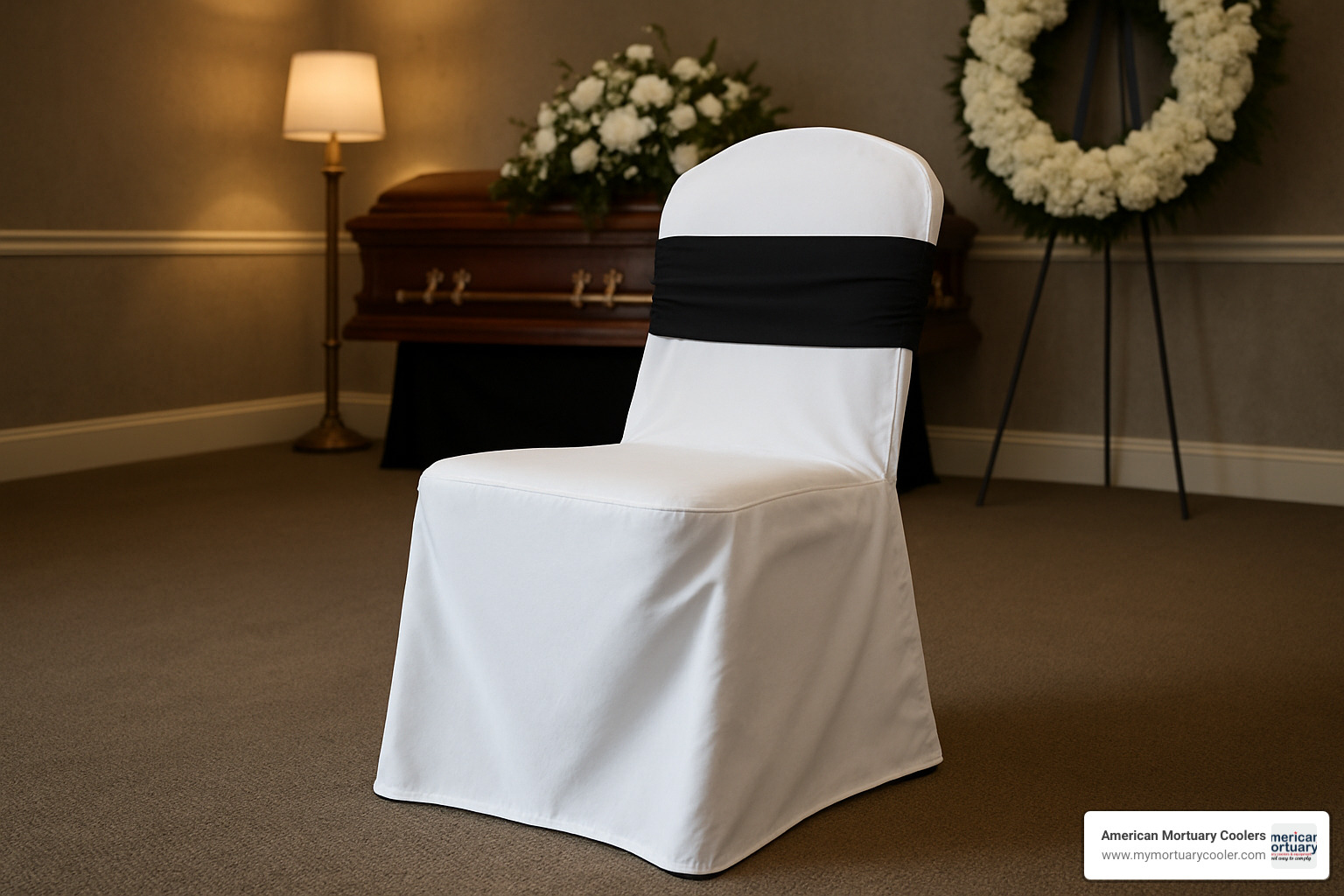 Neat white chair cover with black sash for funeral service - funeral chairs
