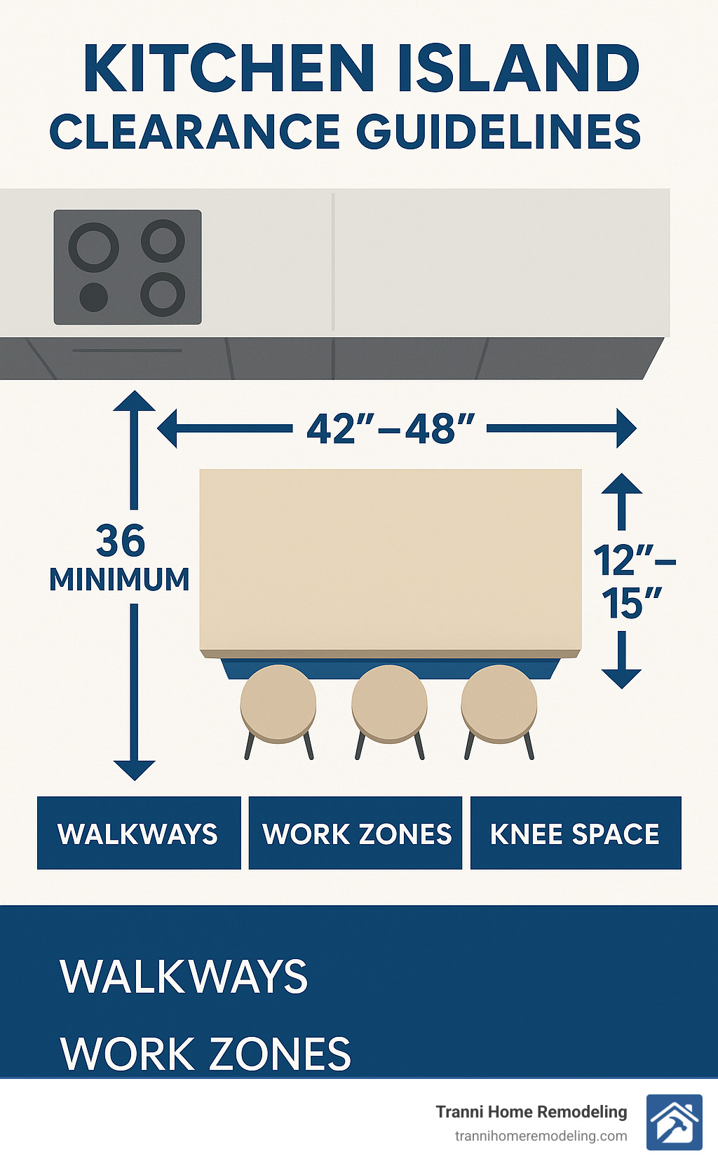 Kitchen island clearance guidelines showing minimum 36" walkways, 42-48" work zones, and proper seating depths of 12-15" knee space - kitchen island designs infographic 