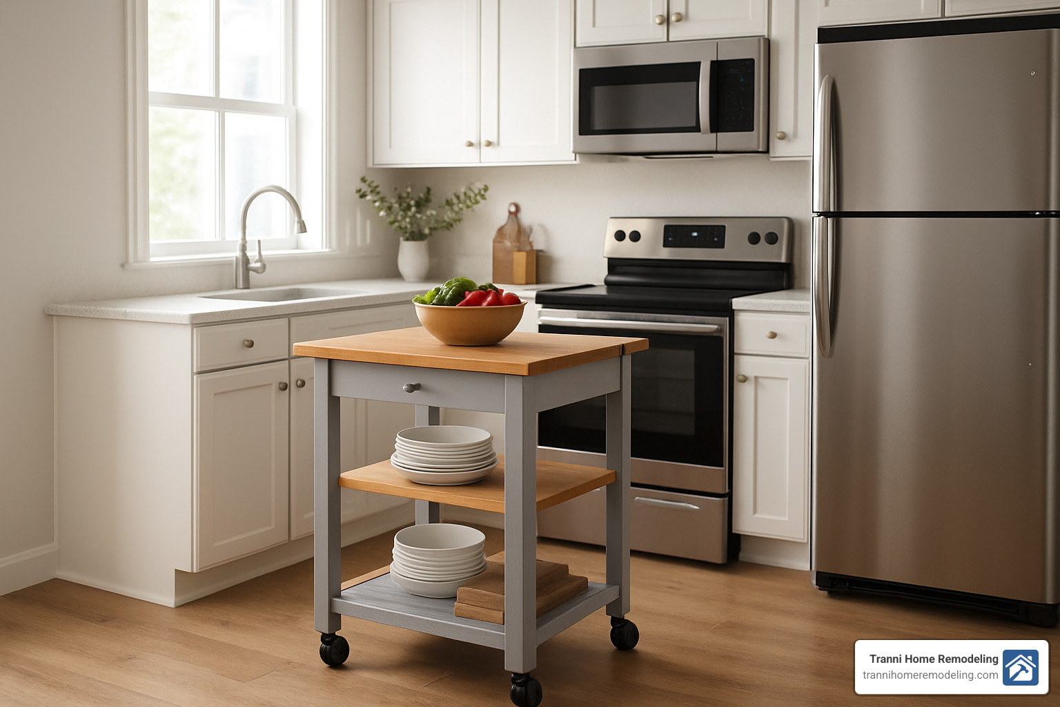 Small kitchen with rolling butcher-block cart island - kitchen island designs