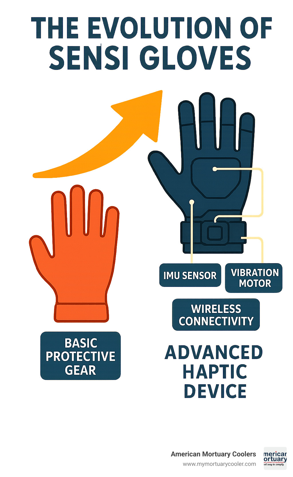 Diagram showing the evolution of sensi gloves from basic protective gear to advanced haptic devices with labeled components including IMU sensors, vibration motors, and wireless connectivity modules - sensi gloves infographic 