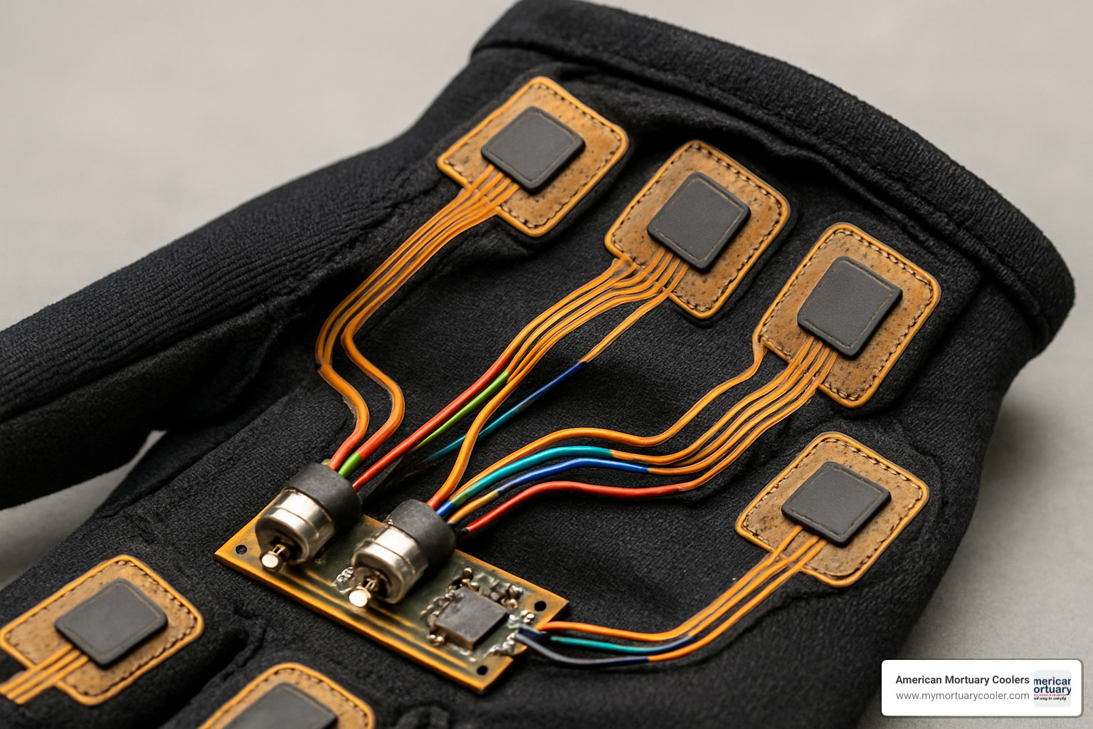 Close-up of sensi glove components showing sensors and haptic feedback elements - sensi gloves