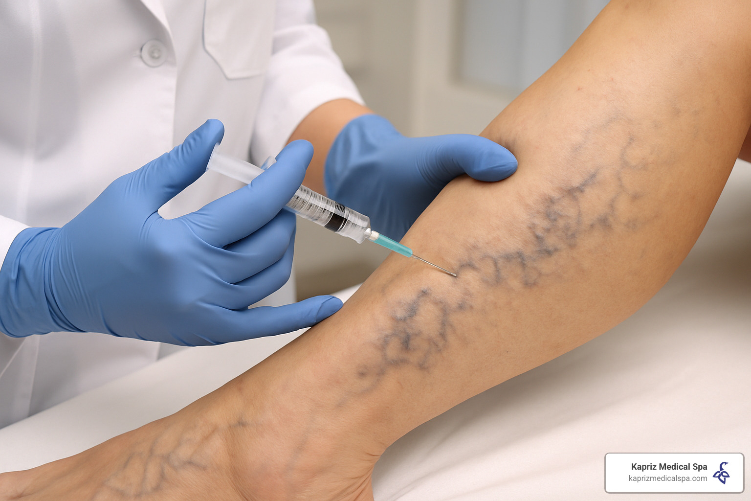 Sclerotherapy procedure being performed on a leg with varicose veins - Varicose vein consultation Jacksonville
