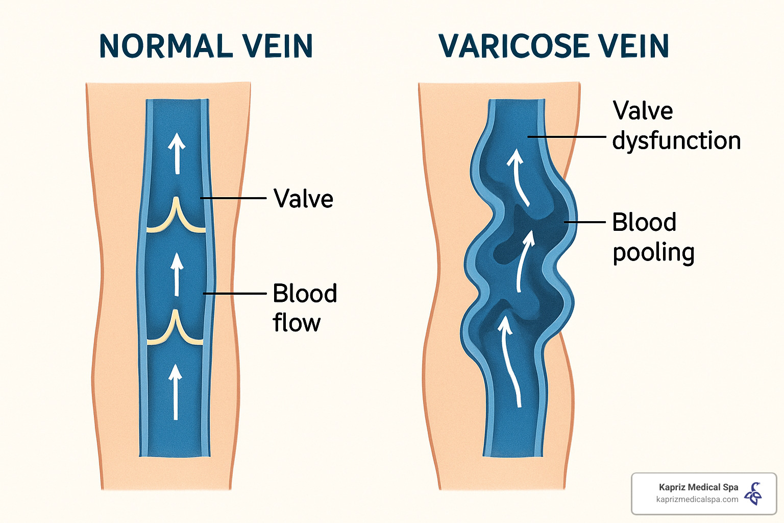 Normal veins versus varicose veins showing valve dysfunction - Varicose vein consultation Jacksonville