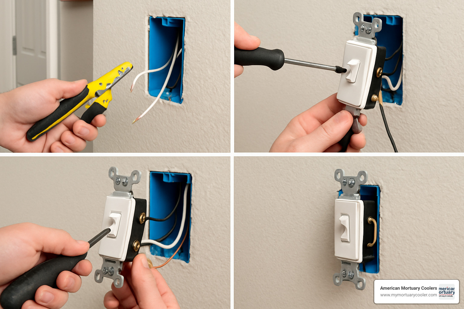 Step-by-step installation showing wire stripping, connection, and mounting of a light switch - wiring diagram single light switch