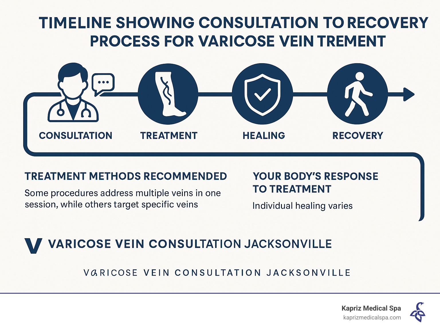 Timeline showing consultation to recovery process for varicose vein treatment - Varicose vein consultation Jacksonville infographic