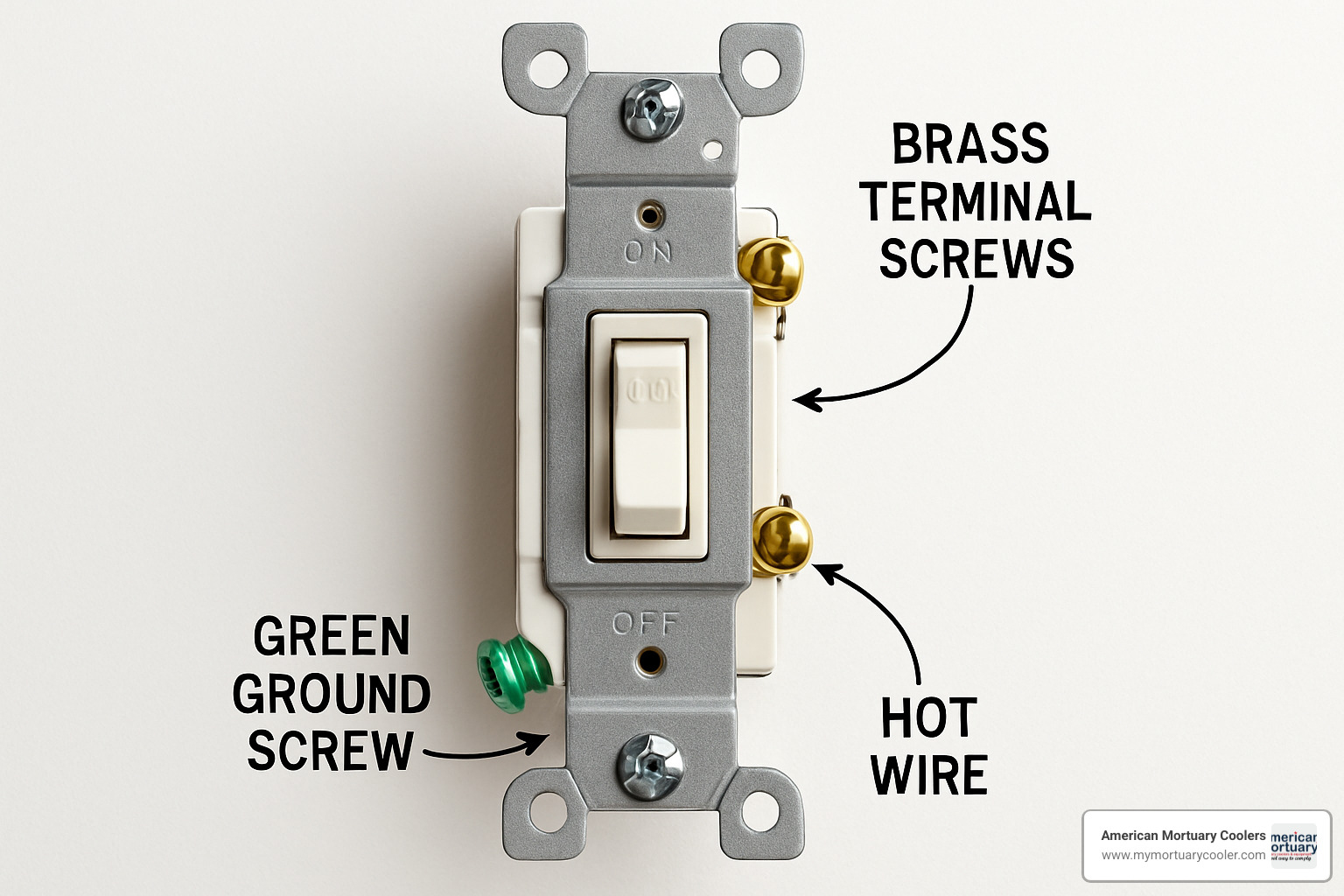 Components of a single pole light switch showing brass terminals and ground screw - wiring diagram single light switch