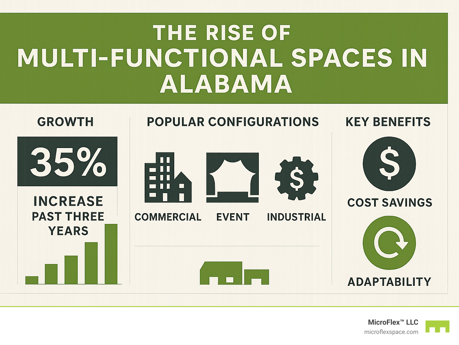 Infographic showing the evolution of multi-functional spaces in Alabama, featuring statistics on growth, popular configurations, and key benefits for businesses including cost savings and adaptability - multi-functional spaces Alabama infographic 