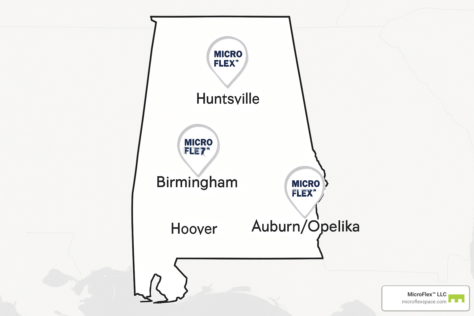 map of MicroFlex LLC locations across Alabama - multi-functional spaces Alabama