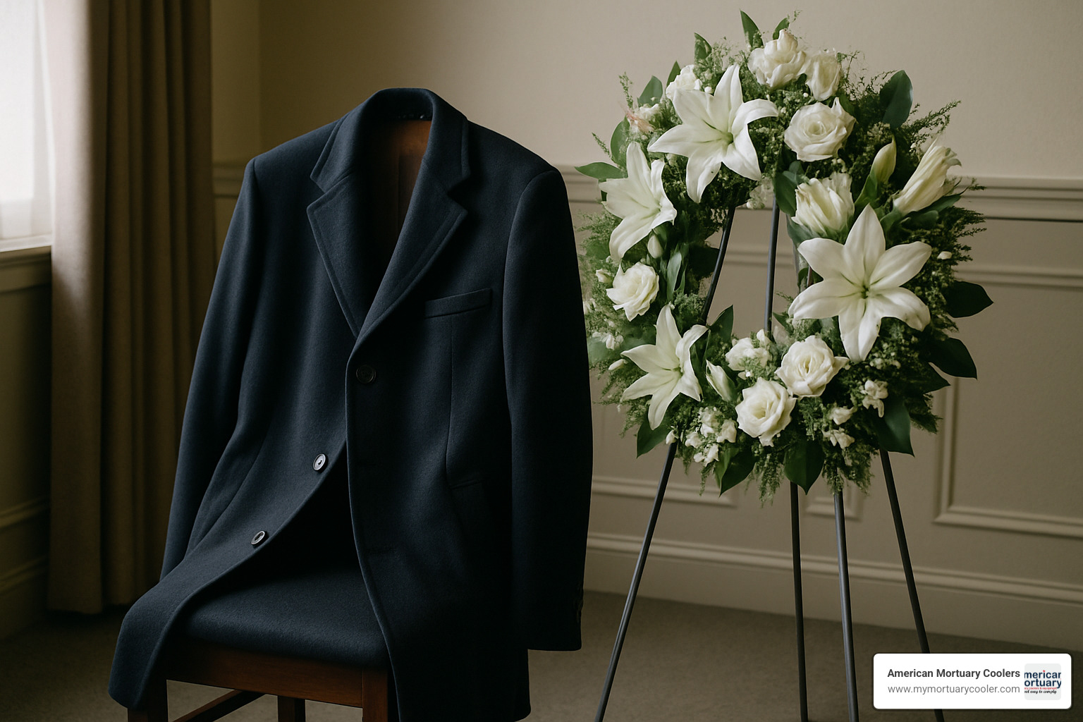 tasteful navy coat next to floral tribute - coats for funerals