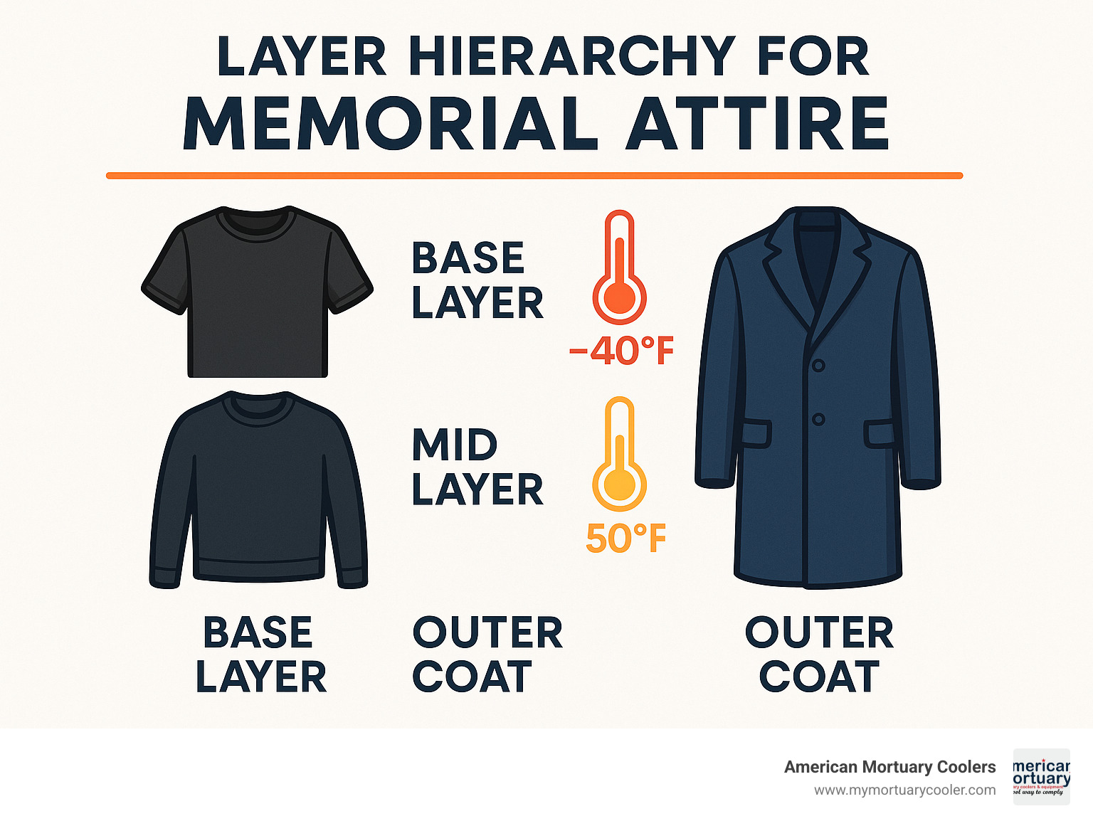 Layer hierarchy for funeral attire showing base layer, mid layer, and outer coat with temperature ratings - coats for funerals infographic 