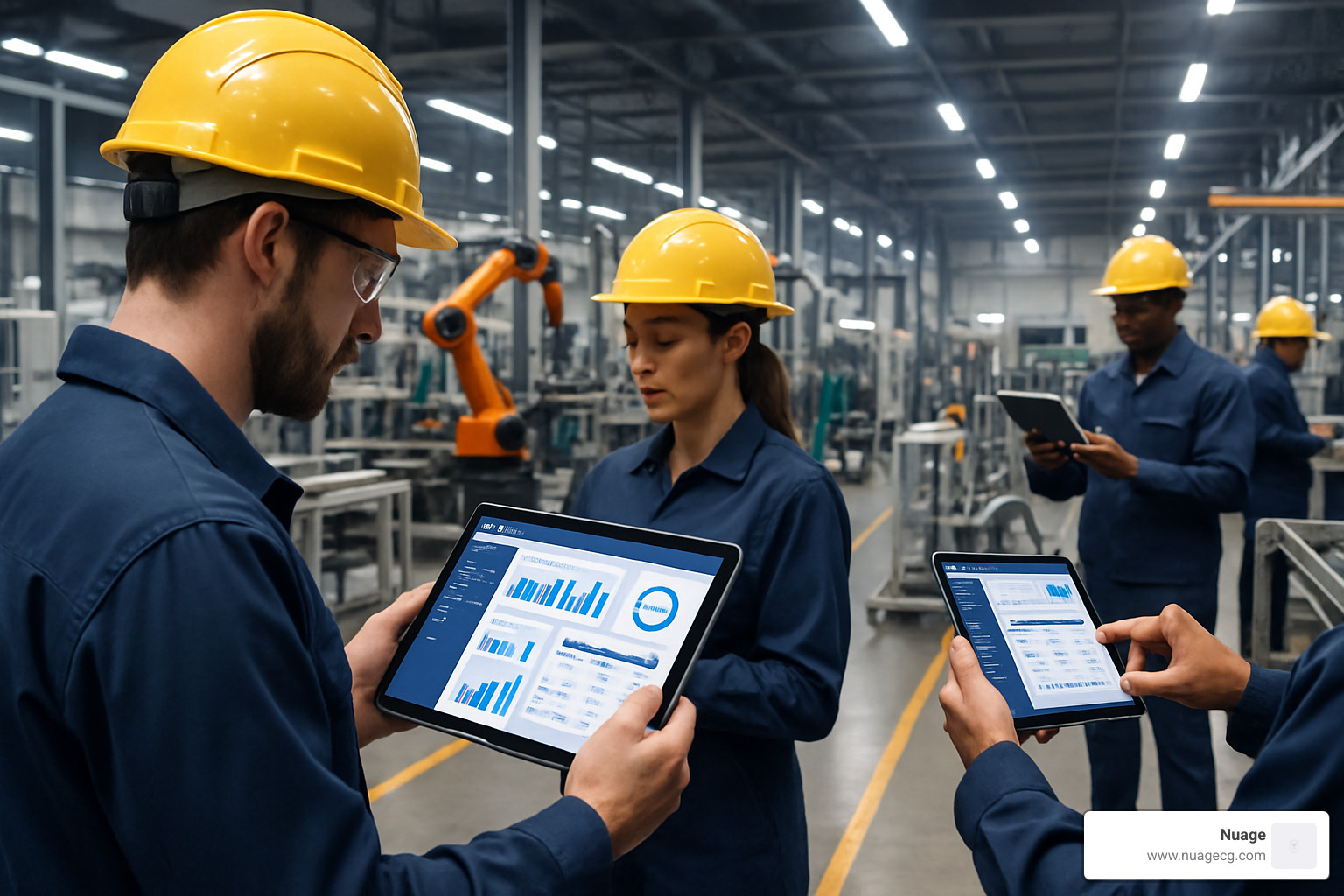 Manufacturing floor with tablets showing ERP interfaces - ERP implementation manufacturing industry
