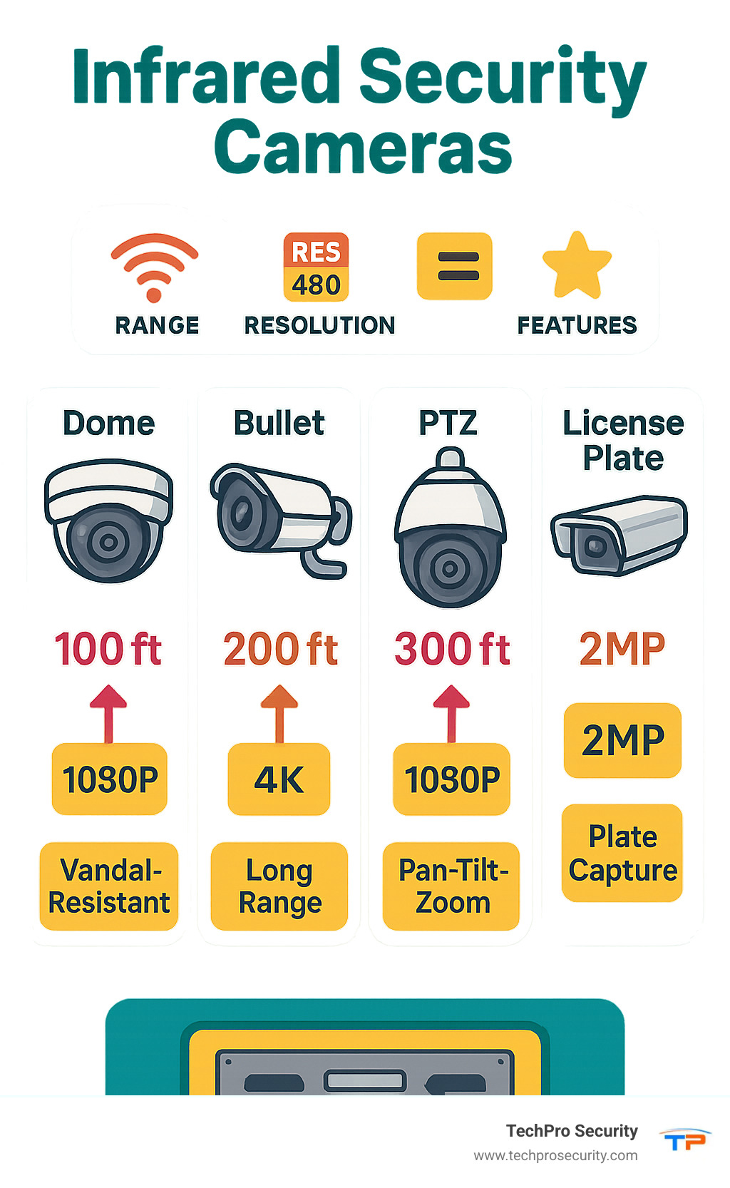 Comparison of different infrared security camera types showing range, resolution, and specialized features - infrared security cameras infographic 