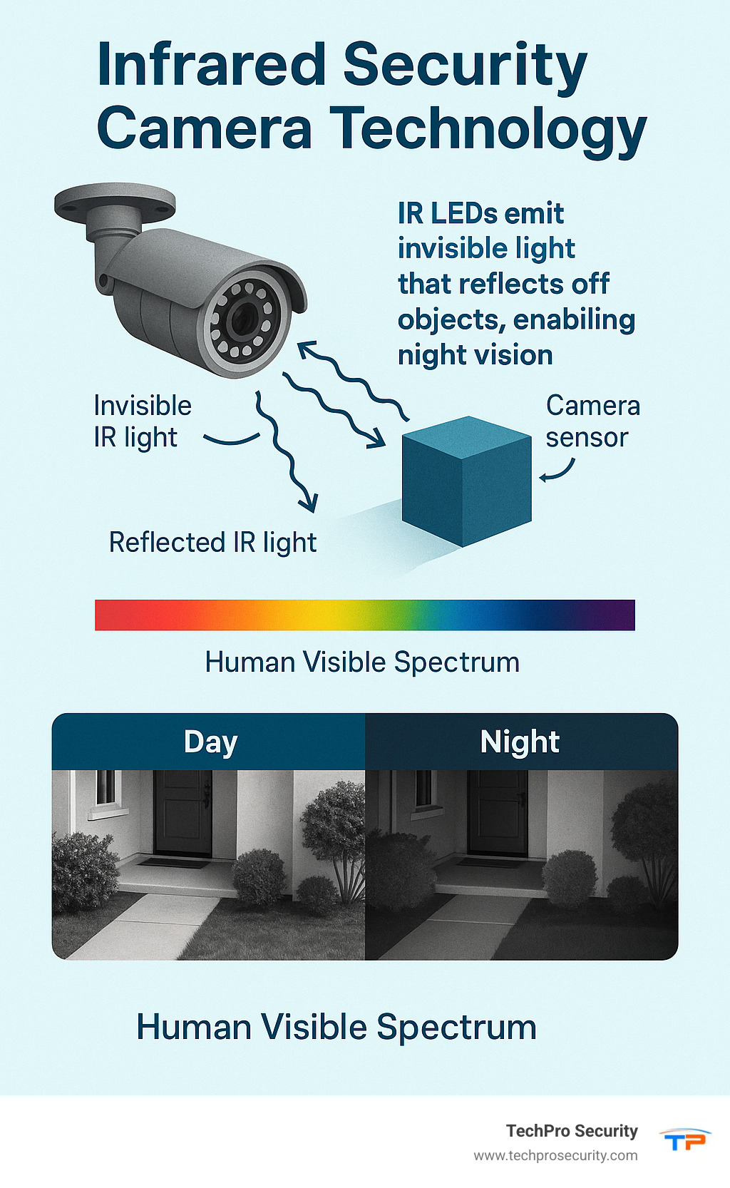 Infrared security camera technology showing how IR LEDs emit invisible light that reflects off objects and returns to the camera sensor, with comparison to human visible spectrum and examples of day vs night footage from the same camera - infrared security cameras infographic 