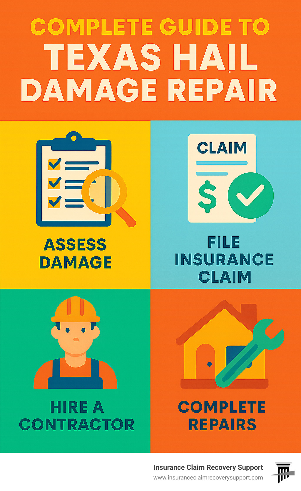 Complete guide to Texas hail damage repair from initial assessment through insurance claims to final repairs - hail damage repair texas infographic