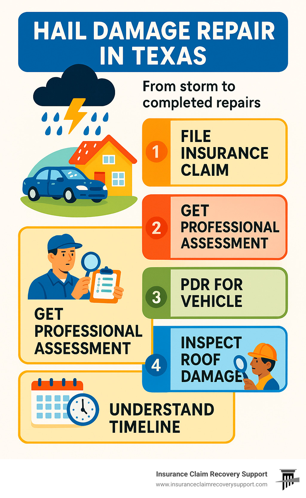 Texas hail damage repair process showing steps from storm to completed repairs, including insurance claim filing, professional assessment, PDR for vehicles, roof inspection techniques, and timeline expectations - hail damage repair texas infographic