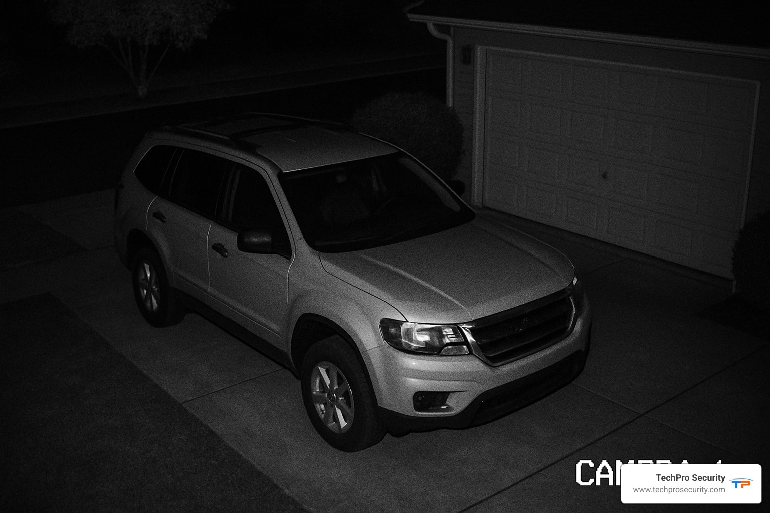 Night-time driveway capture showing clear infrared footage of a vehicle - infrared security cameras