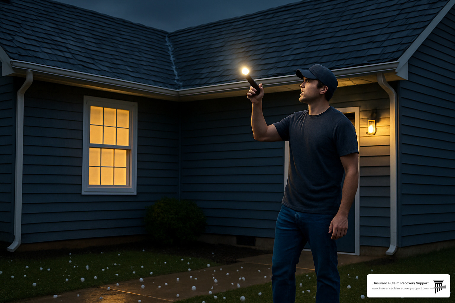 homeowner inspecting roof for hail damage with flashlight - hail damage repair texas