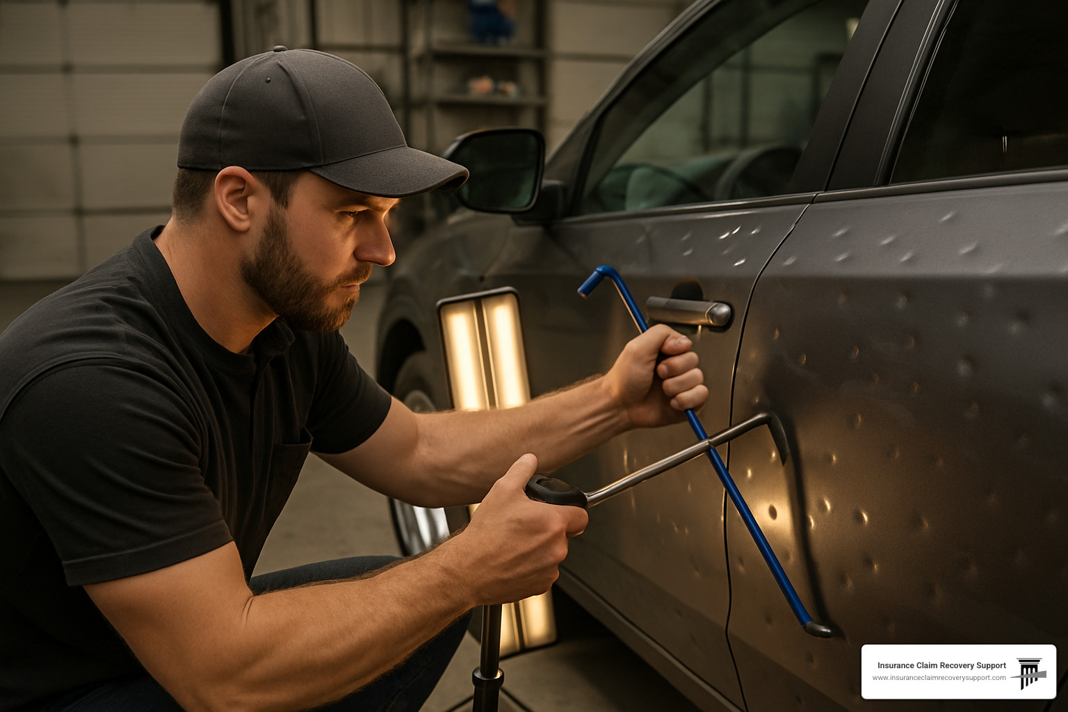 technician performing paintless dent repair on hail damaged car - hail damage repair texas