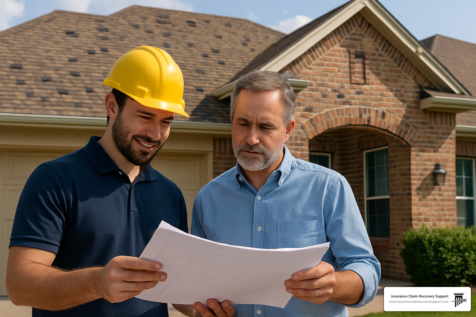 contractor and homeowner reviewing hail damage repair plans - hail damage repair texas