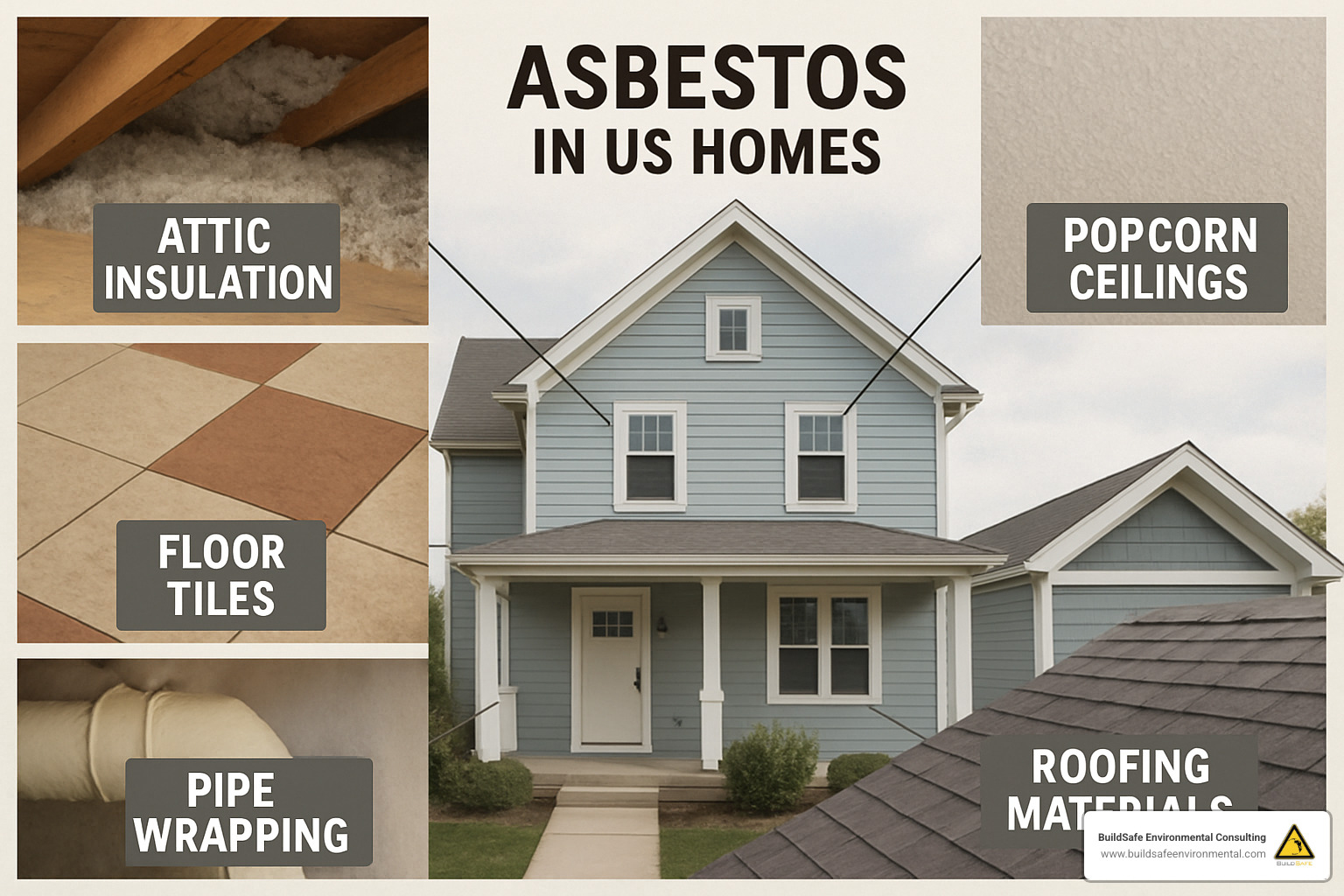 Common locations of asbestos in homes including insulation, floor tiles, ceiling materials, pipe wrapping, and roofing materials - asbestos abatement arvada
