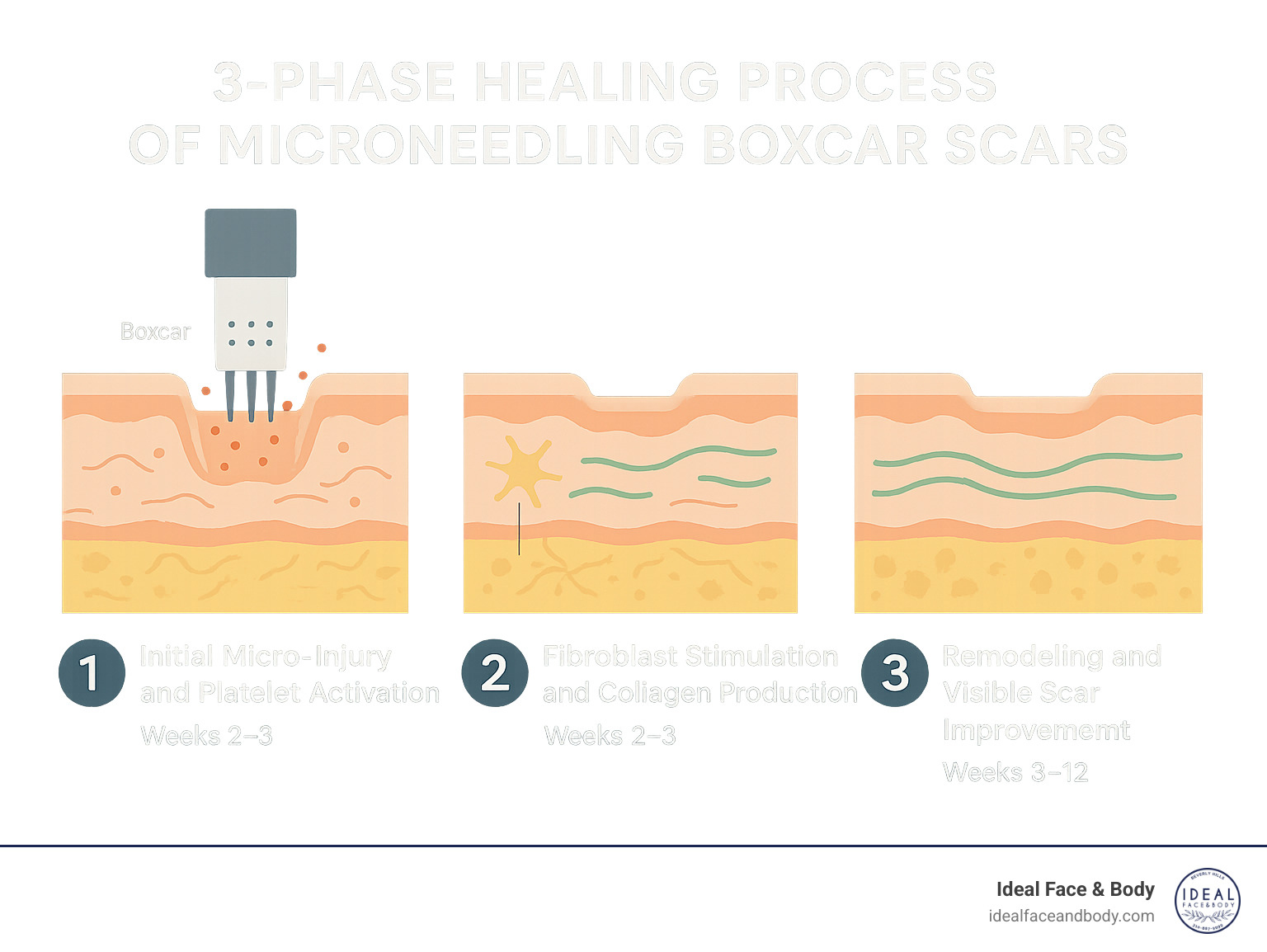 Diagram showing the 3-phase healing process of microneedling boxcar scars: 1) Initial micro-injury and platelet activation, 2) Fibroblast stimulation and collagen production in weeks 2-3, 3) Remodeling and visible scar improvement in weeks 8-12 - microneedling boxcar scars infographic 