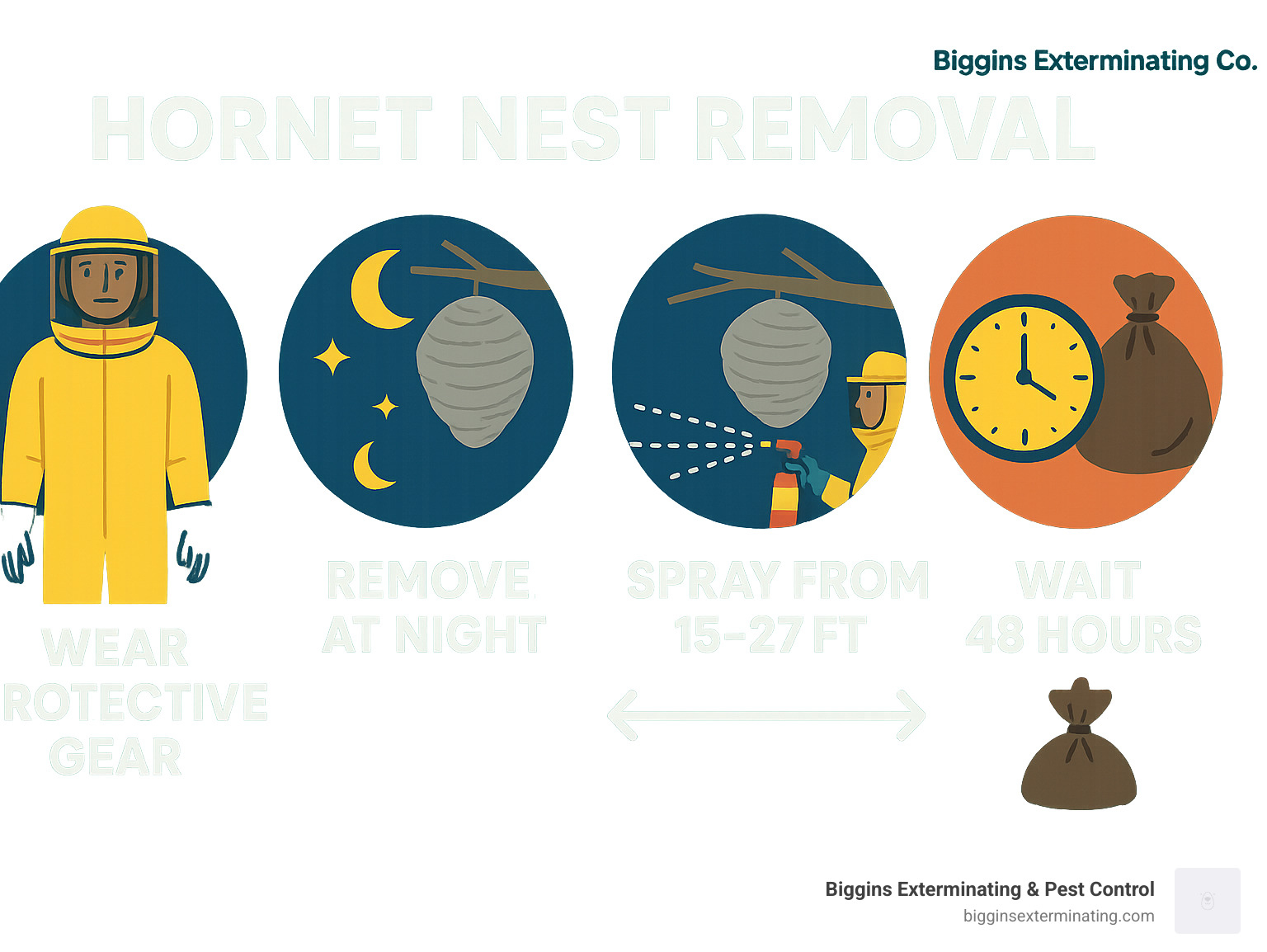 Diagram showing hornet nest removal steps including protective gear, night removal timing, spray distance of 15-27 feet, waiting period of 48 hours, and proper disposal methods - Hornet nest removal near me infographic 