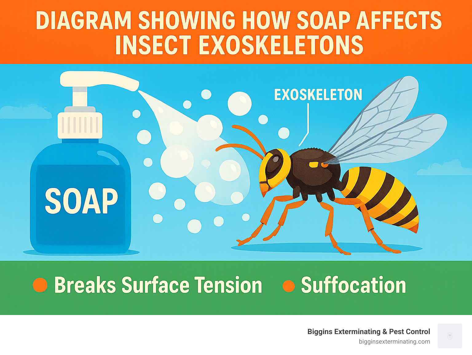 Diagram showing how soap affects insect exoskeletons - Hornet nest removal infographic 
