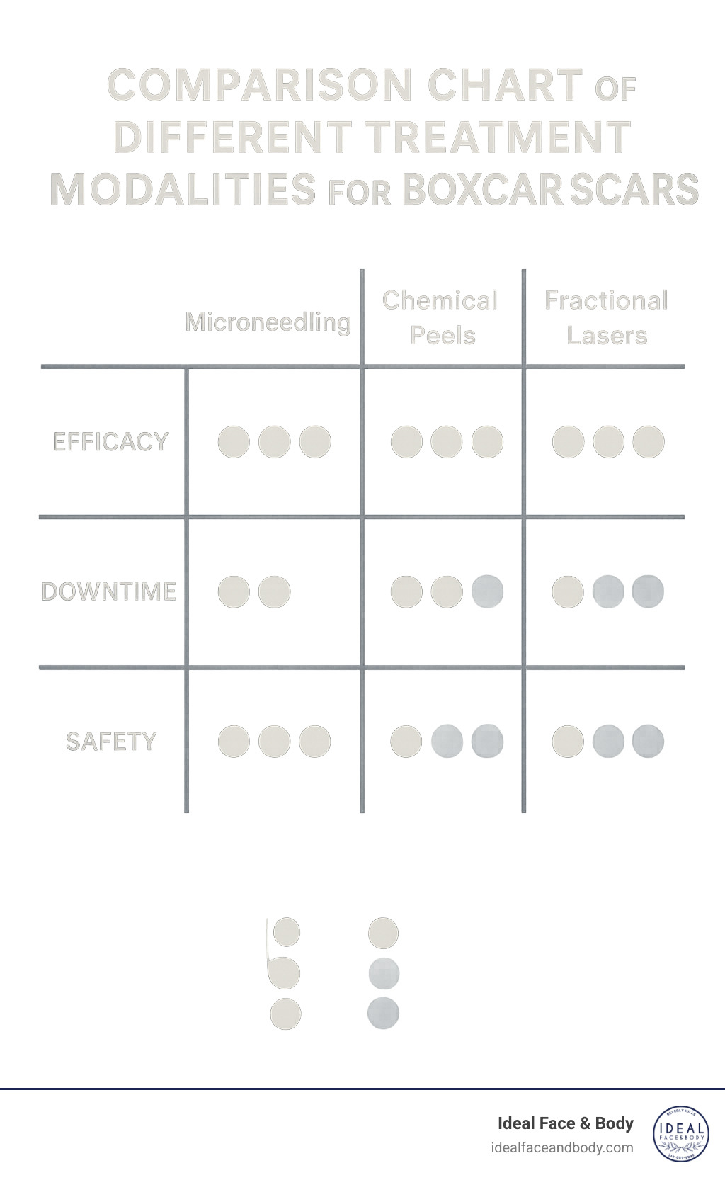 Comparison chart of different treatment modalities for boxcar scars showing efficacy, downtime, and safety profiles - microneedling boxcar scars infographic 