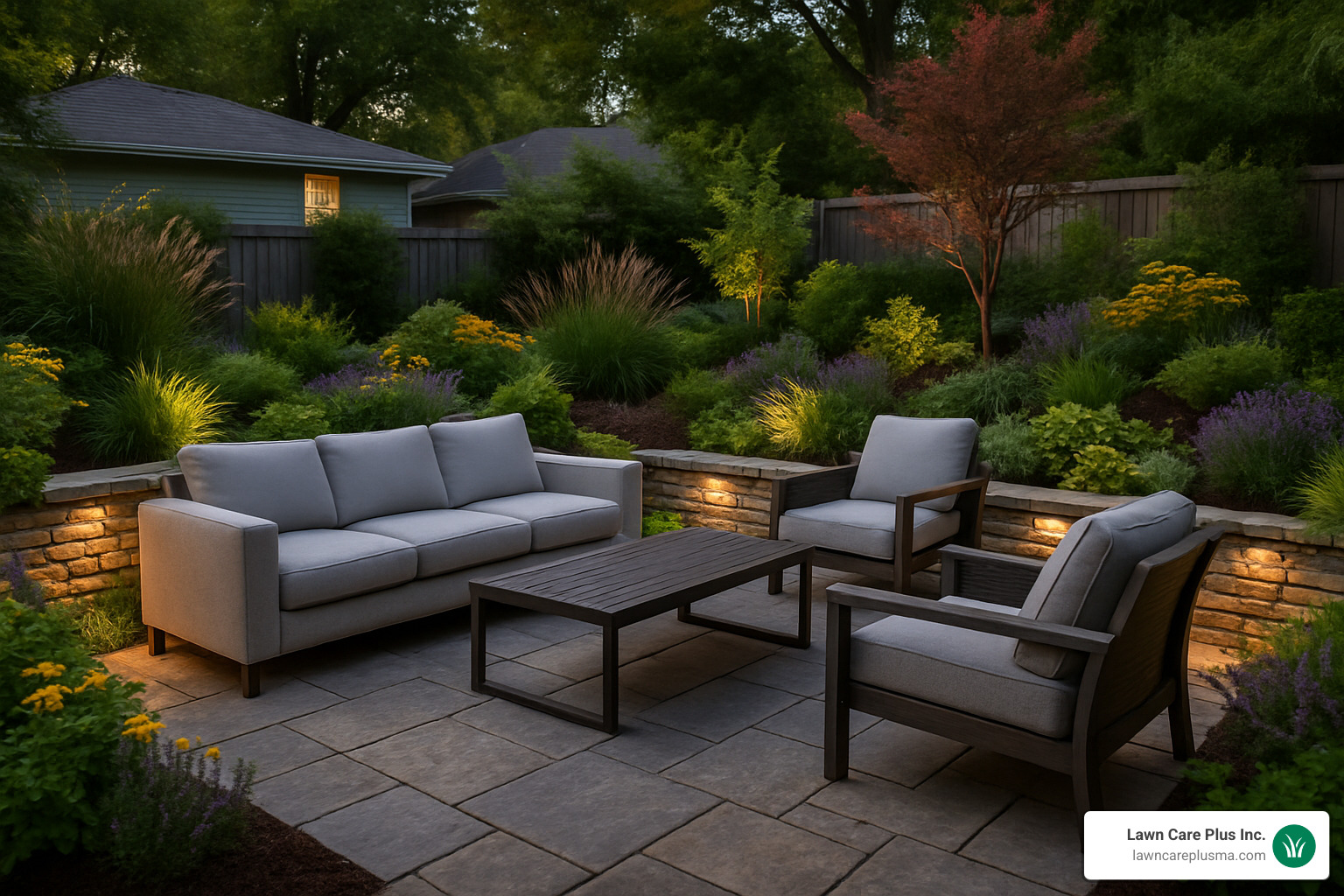 Collage of current landscaping and masonry trends including outdoor living rooms, natural stone, and integrated lighting - landscaping and masonry