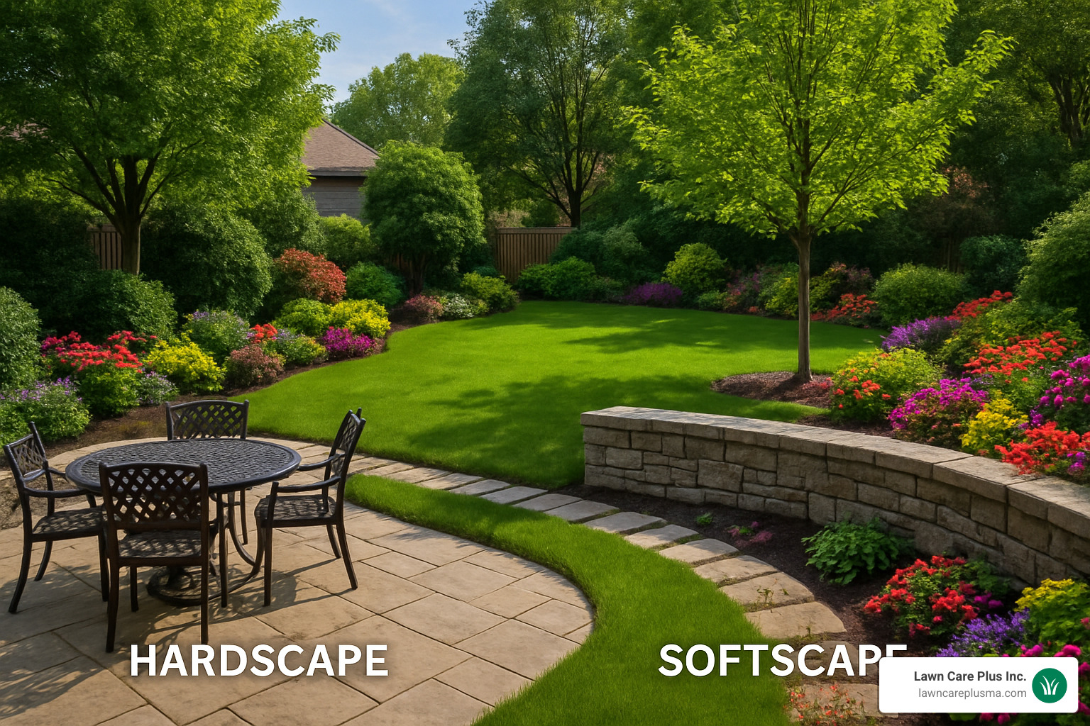Comparison of hardscape and softscape elements in a garden - landscaping and masonry