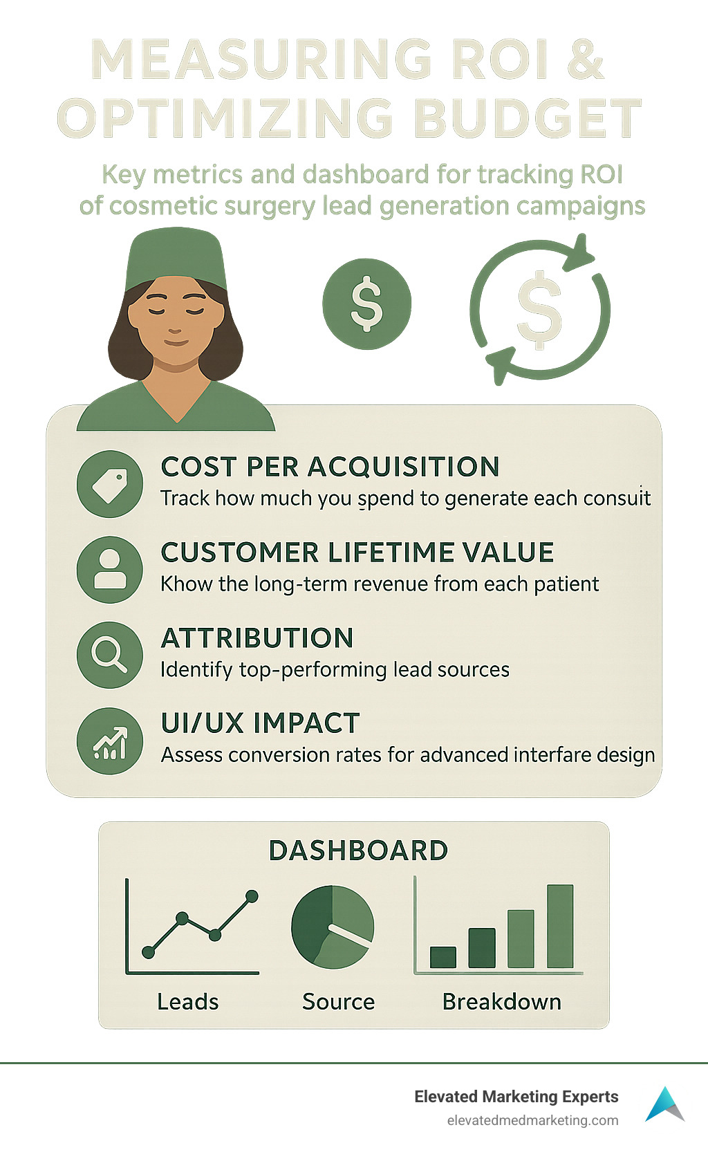 Infographic: Key metrics and dashboard for tracking ROI of cosmetic surgery lead generation campaigns - cosmetic surgery leads infographic