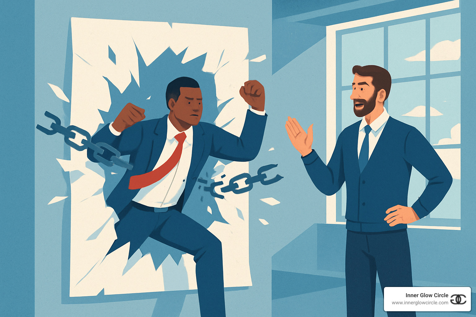 Person breaking through barriers with coach's support - coaching and personal development