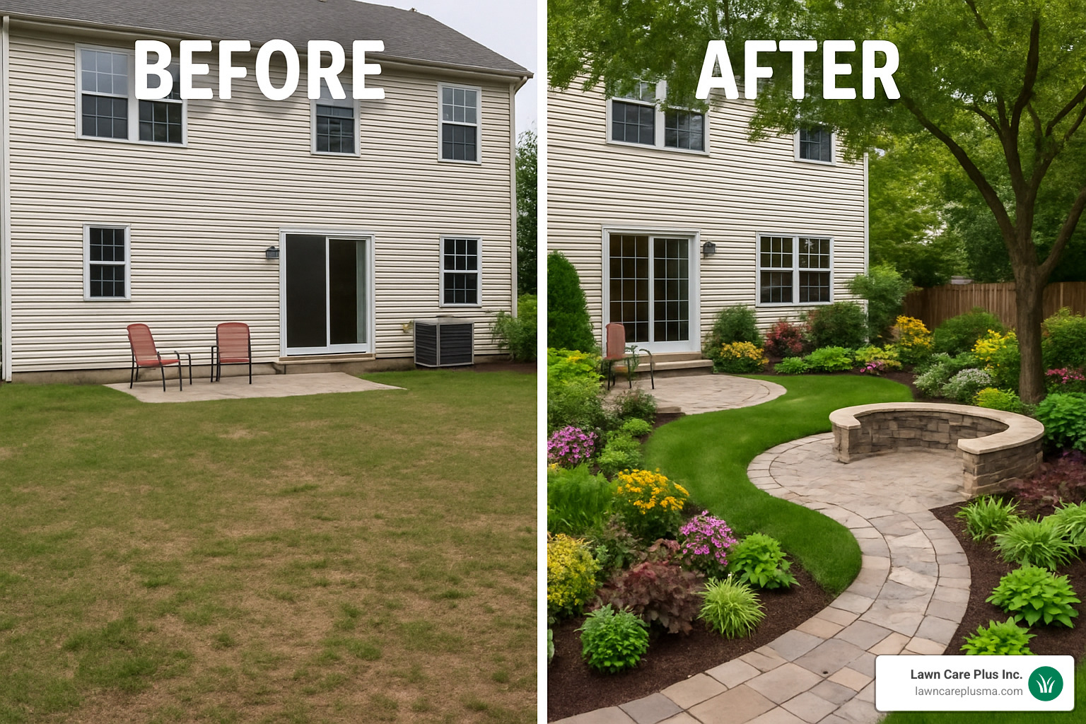 Before and after change of a backyard with integrated landscaping and masonry features - landscaping and masonry