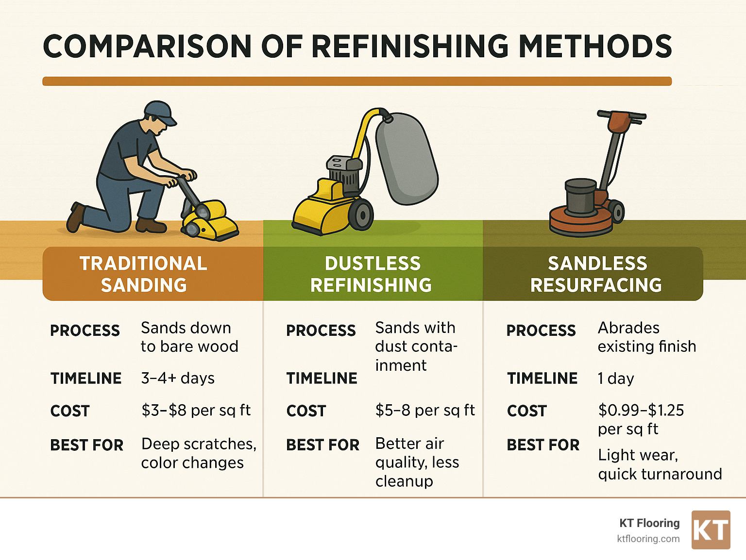 Comparison of refinishing methods showing traditional sanding, dustless refinishing, and sandless resurfacing with details on process, timeline, cost, and best applications for each method - Hardwood floor refinishing services infographic 