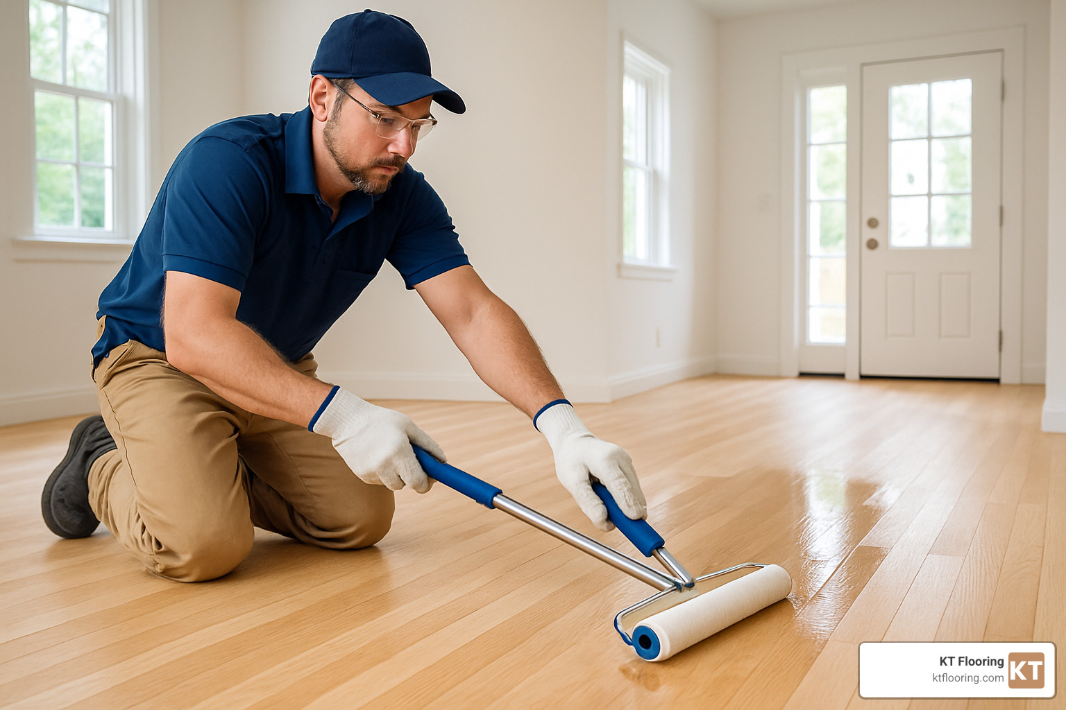 Professional applying water-based finish to newly sanded hardwood floor - Hardwood floor refinishing services