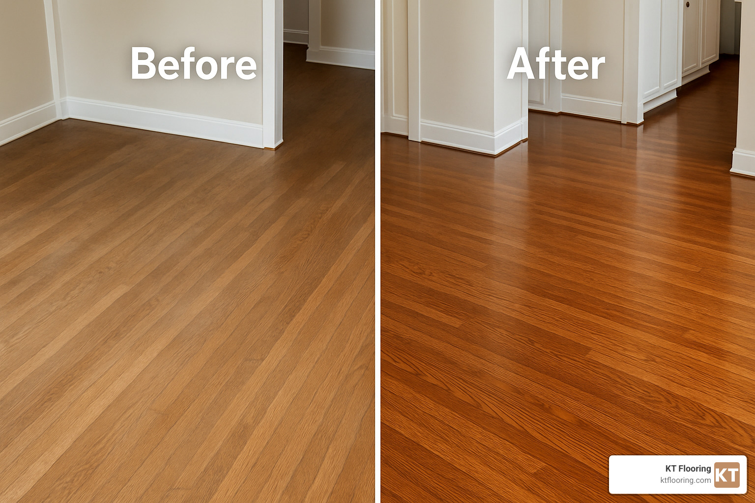 Before and after comparison of sandless hardwood floor refinishing showing renewed shine and color - Hardwood floor refinishing services