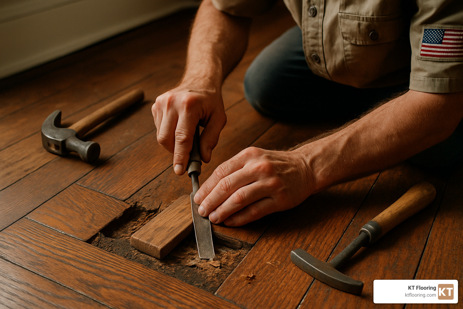 Close-up of craftsman repairing damaged section of antique hardwood floor - Hardwood floor refinishing services