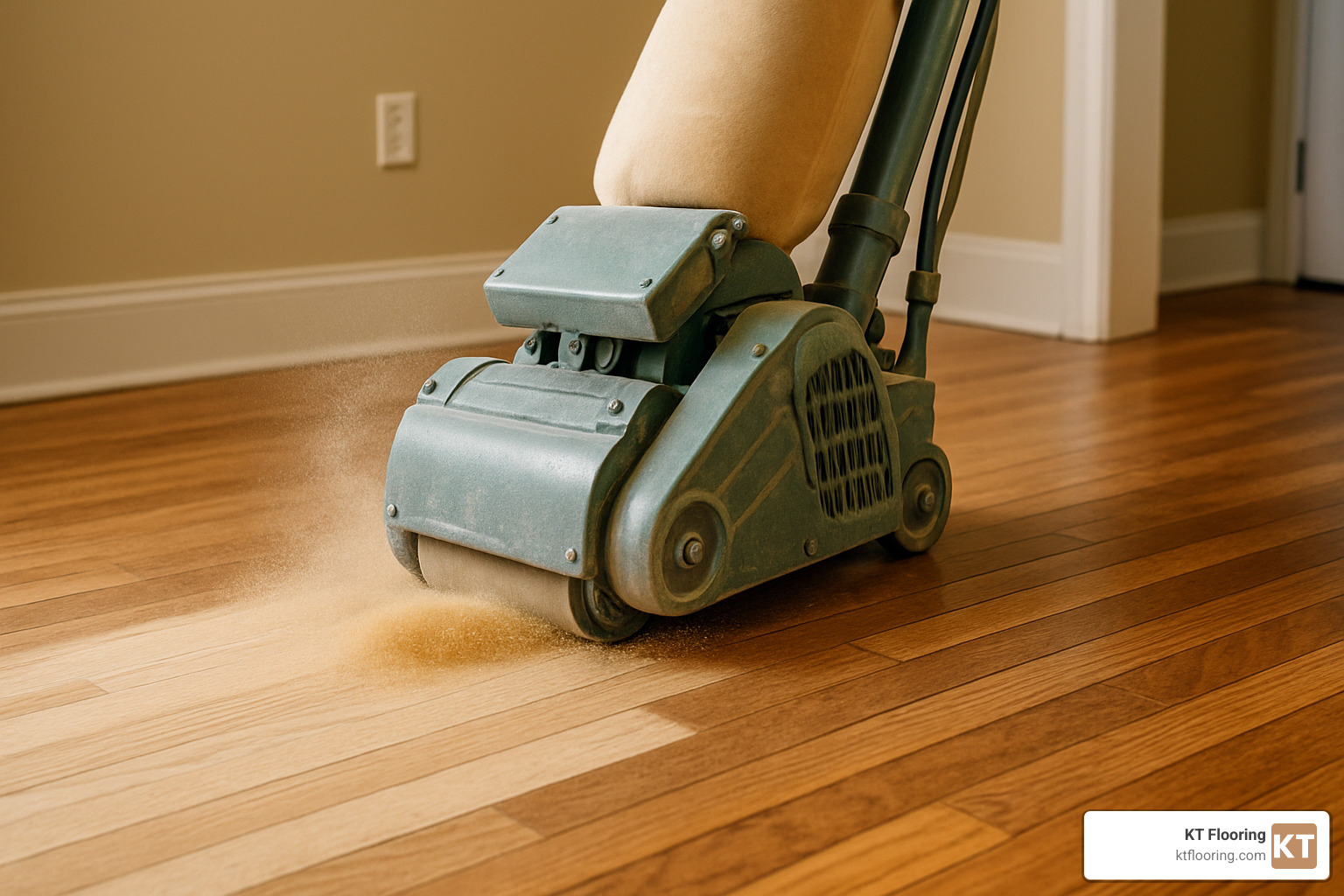 Close-up of professional sanding equipment removing old finish from hardwood floor - Hardwood floor refinishing services