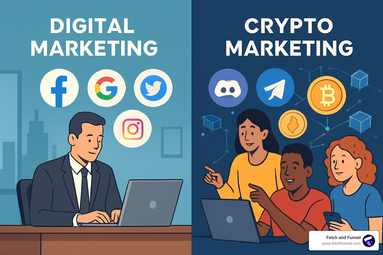 Comparison of traditional vs crypto marketing approaches - crypto advertising company