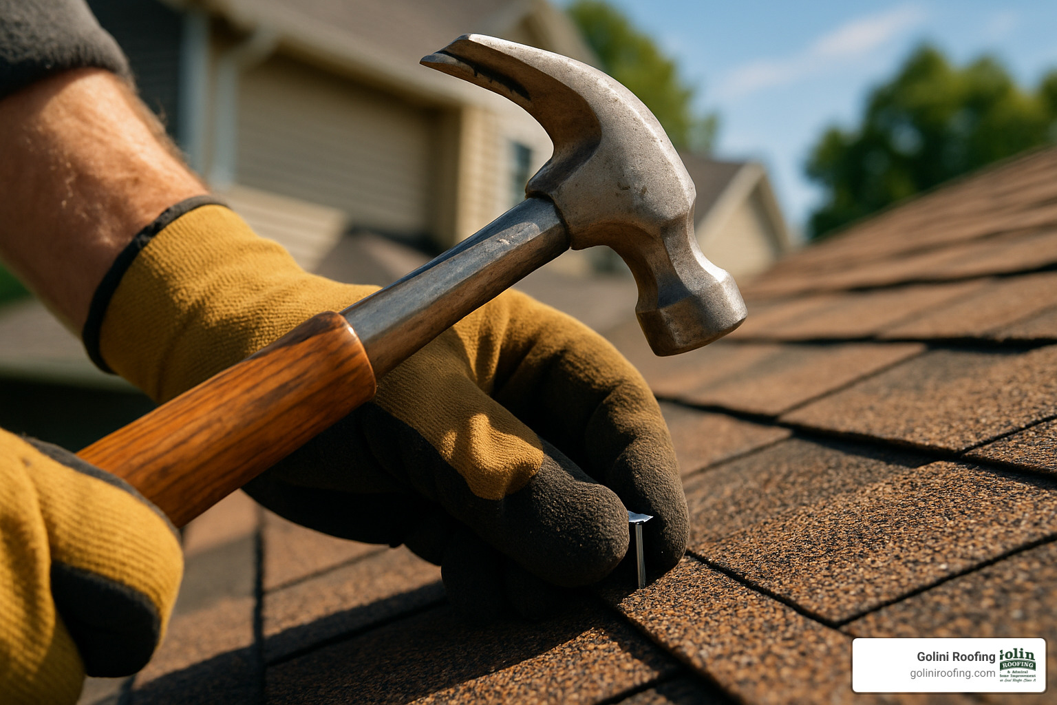 close-up of hand-nailing technique for roofing shingles - Best roofing company near me